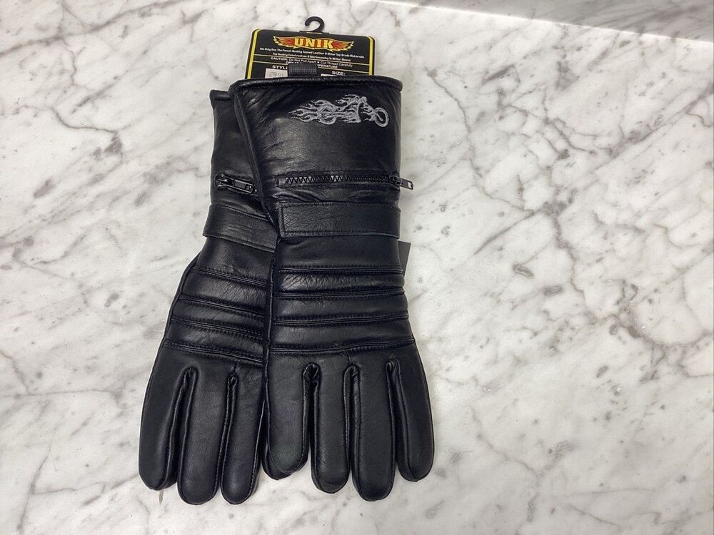 UNIK Black Leather Motorcycle Riding Gloves Men's Size XL Zipper Pocket